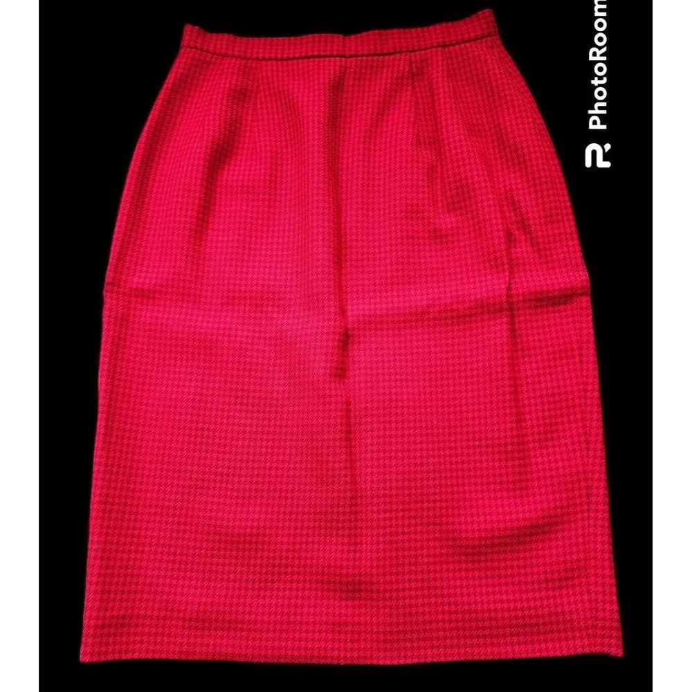 Christian Dior Vintage Houndstooth Red Plaid Pure Wool Skirt Suit Set Size 8
